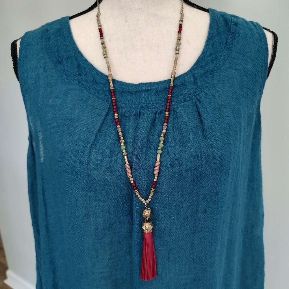 Beaded Tassel And Nugget Necklace Red and Gold Tone